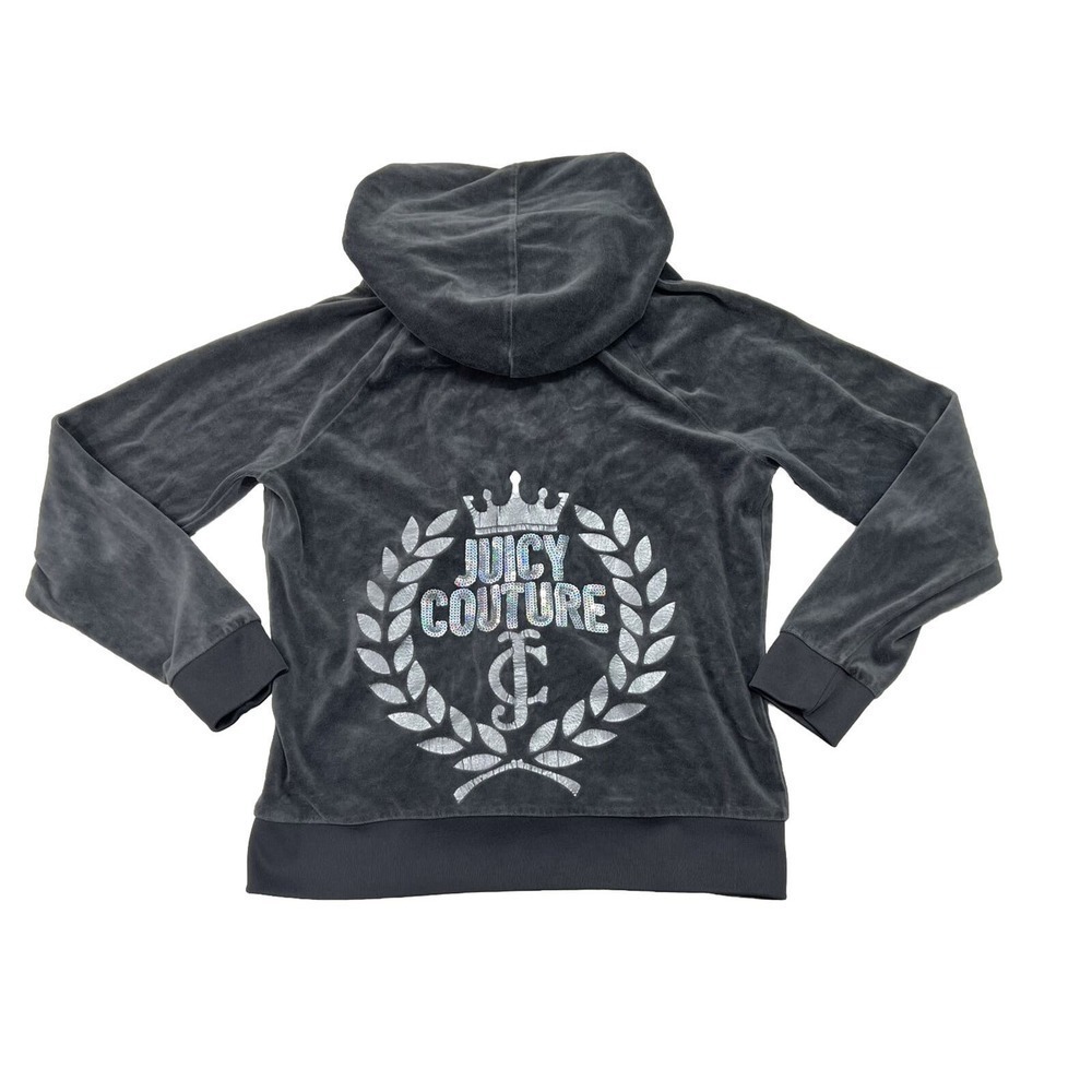 VTG Juicy Couture Jacket Women Large Gray Velour Full Zip Hooded Bejeweled